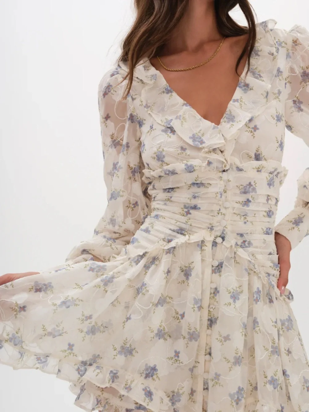 For Love & Lemons Cream Dress with Blue Floral Print - Picture 3 of 5